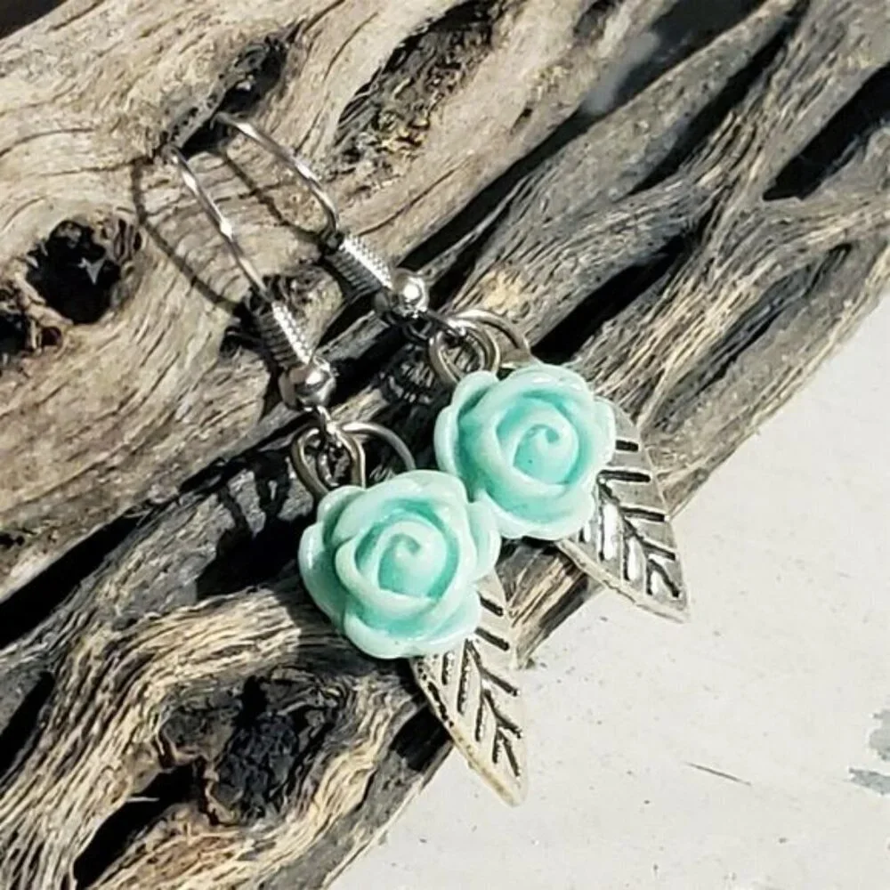 Hand Crafted Antique Silver Leaf Light Aqua Blue Lucite Rose Dangle Earrings